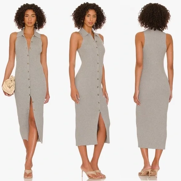 NEW! Favorite Daughter- The Lena Midi Dress Frost Gray Size M Buttoned Ribbed - Picture 1 of 15